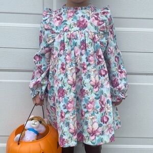 Mayoral Floral Long Sleeve Corduroy Ruffle Smocked Dress 3T